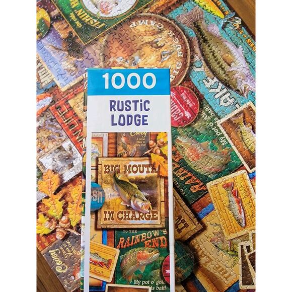 Jigsaw Puzzle 1000 Pcs Rustic Lodge Hunting Fishing Camping Art Collage Complete - Picture 4 of 9